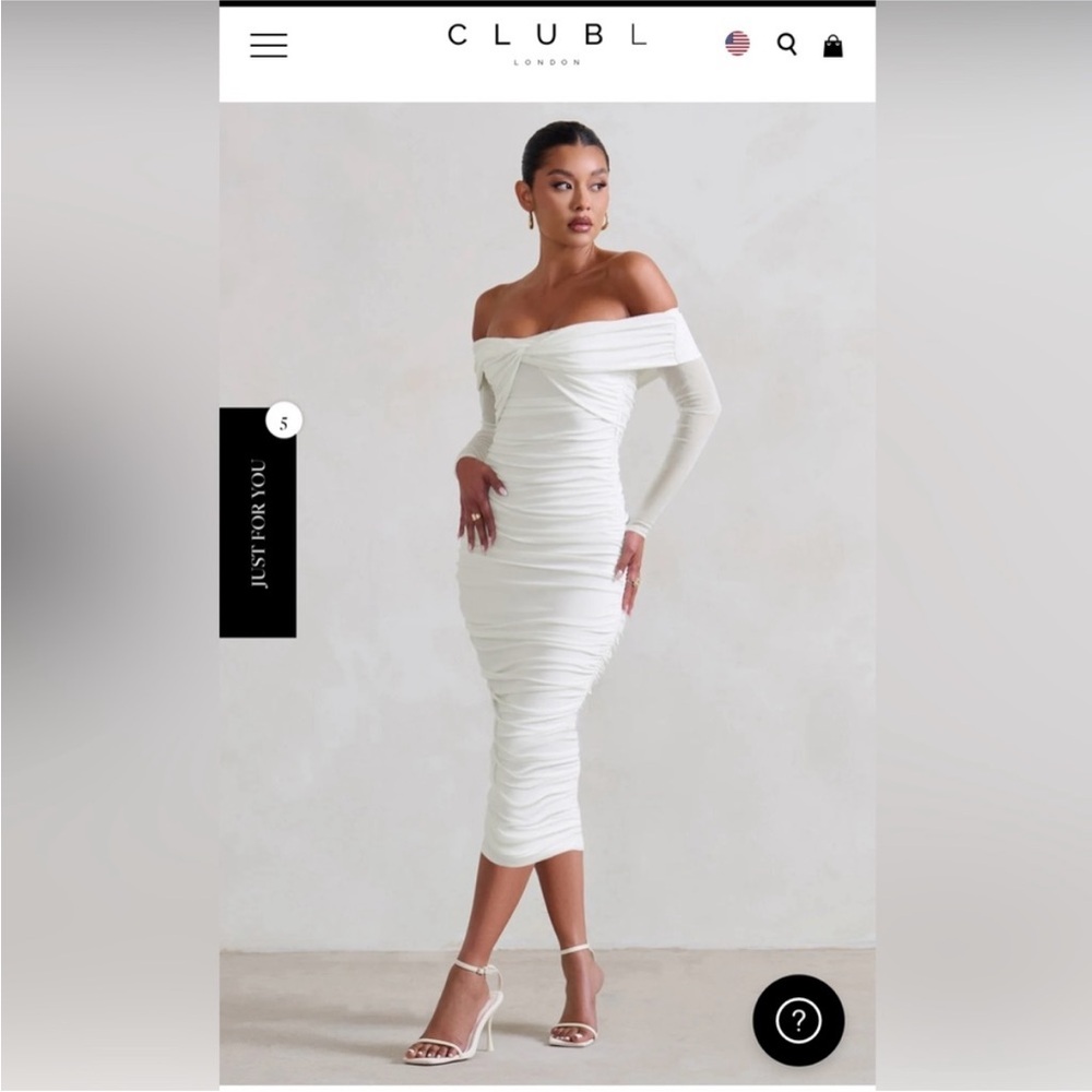 Club L London White Off-Shoulder Ruched Long Sleeve Midi Dress
